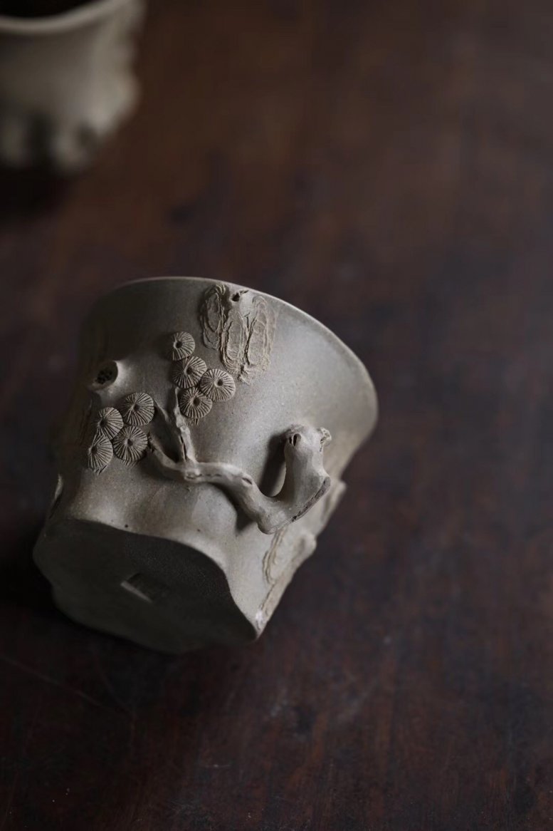 周飞作品 全手工松桩杯 刻长寿/问松