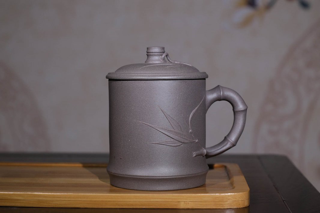 马旭良作品 纯手工青灰泥竹叶盖杯
