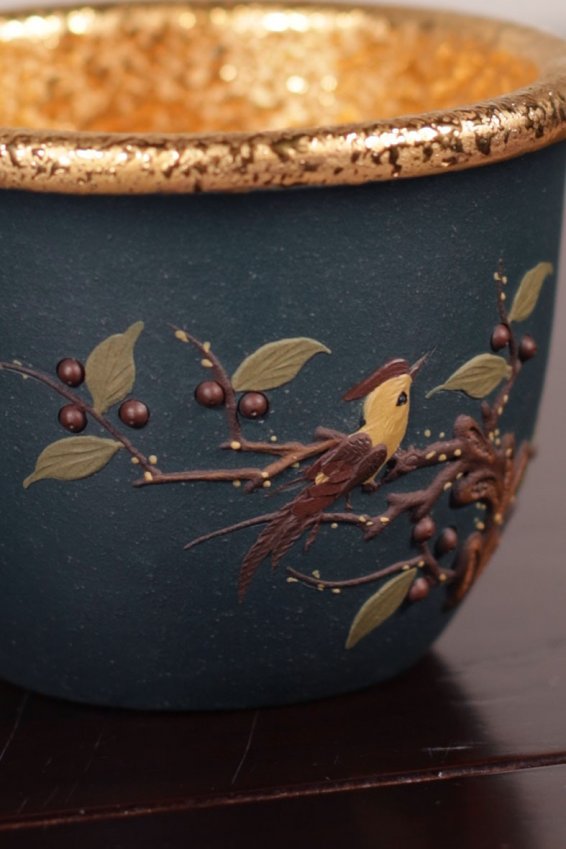 悠然紫砂作品 鎏金主人杯
