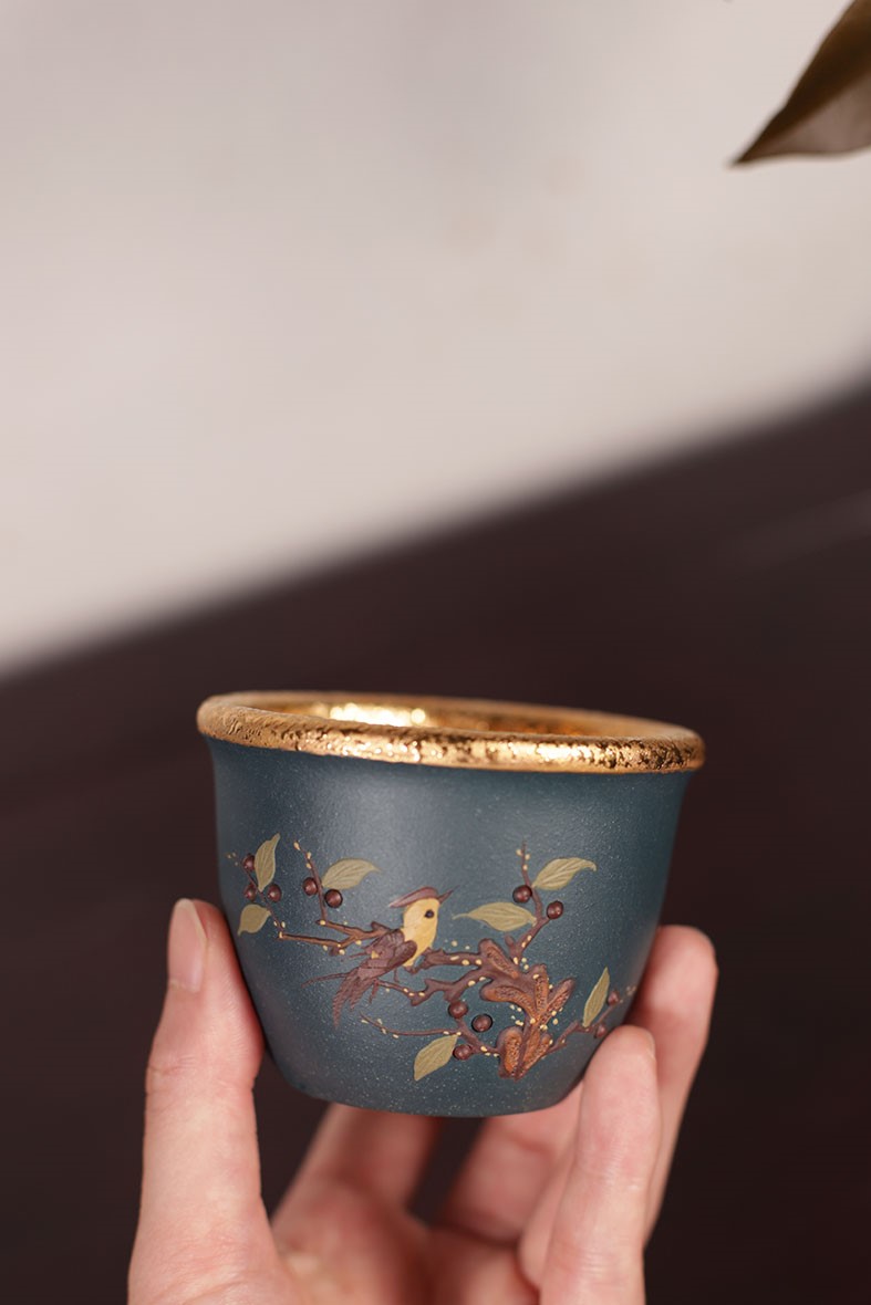悠然紫砂作品 鎏金主人杯